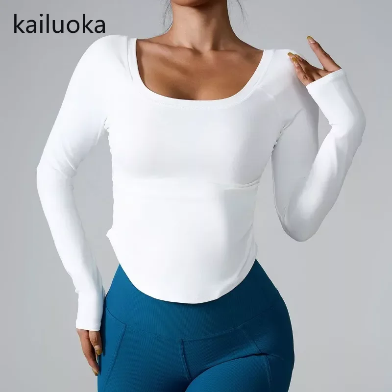 Long Sleeve Seamless Fitness Wear Square Neck Yoga Top Wear Women\'s Running Athletic Gym Workout Shirt With Thumb Holes