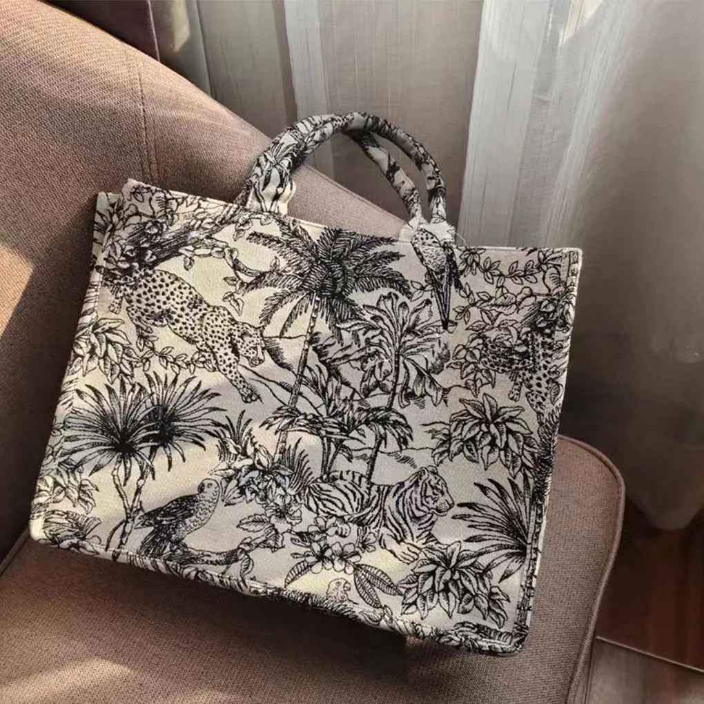 Sacola bordada de grande capacidade para mulheres, bolsa de ombro do comprador, bolso interno com zíper