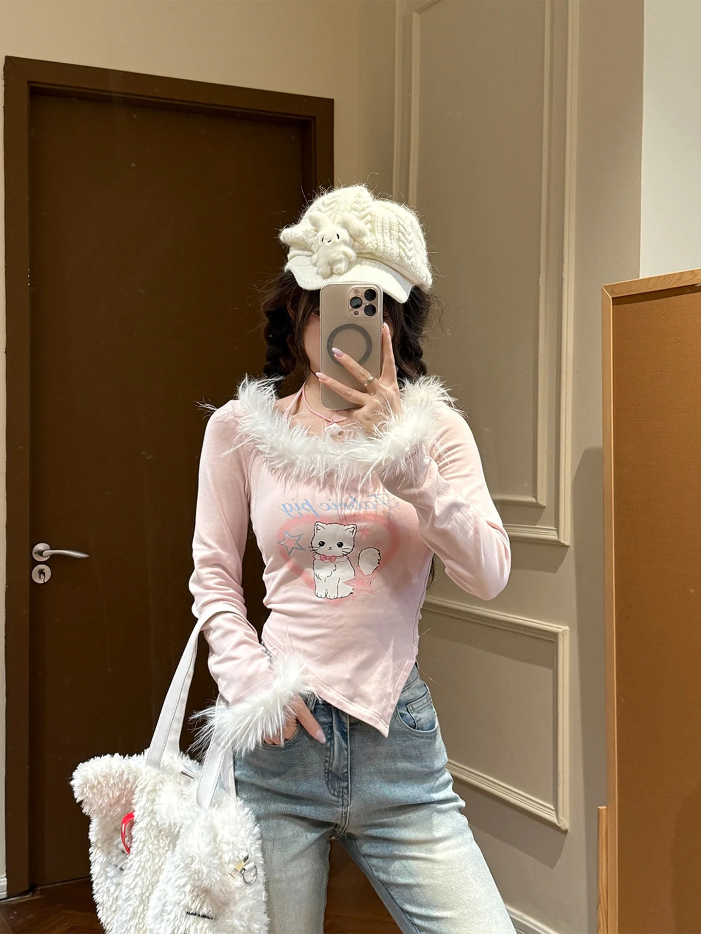 Sweet Plum Honey Langue Fabric Pig Women's Slim Fit Long Sleeve T-Shirt with Fur Collar Pink  Print Autumn Base Shirt