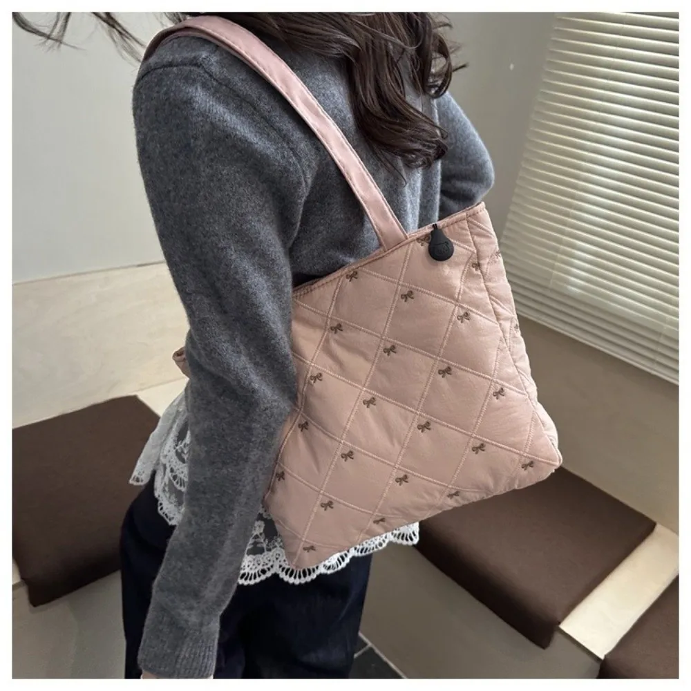Fashion Large Capacity Quilted Tote Bag Solid Color Argyle Pattern Shoulder Bag Lightweight Bow Embroidery Zipper Bag