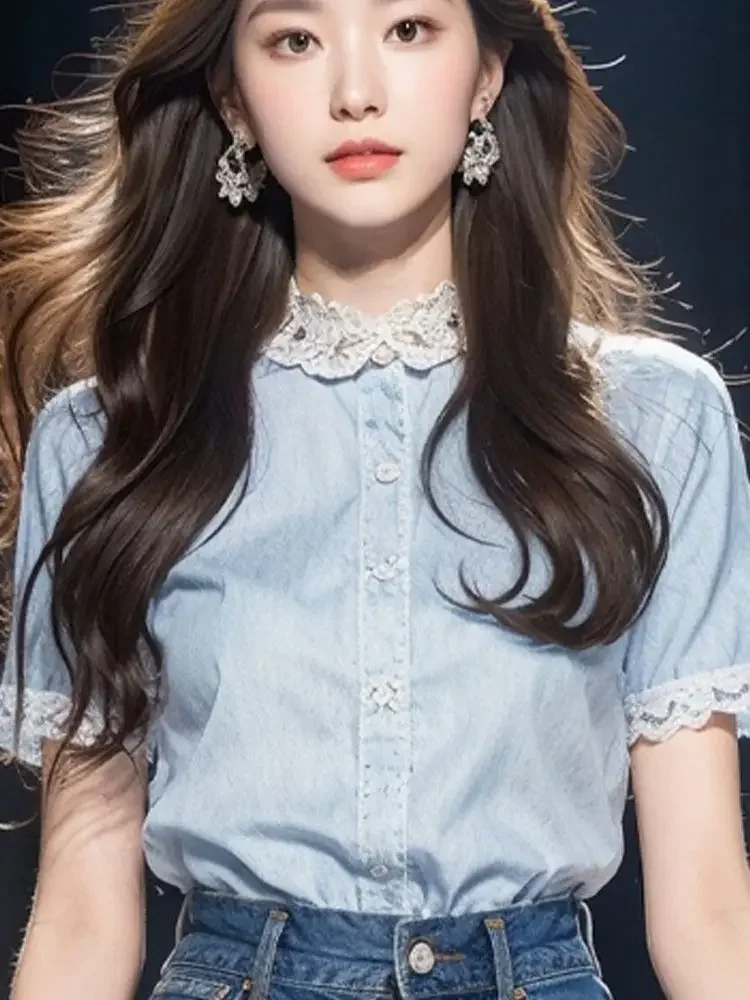 

Summer Sweet Blouses Lace Patchwork O Neck Short Sleeve Single Breasted Shirts Fashion Elegant Design Aesthetics Women Clothing