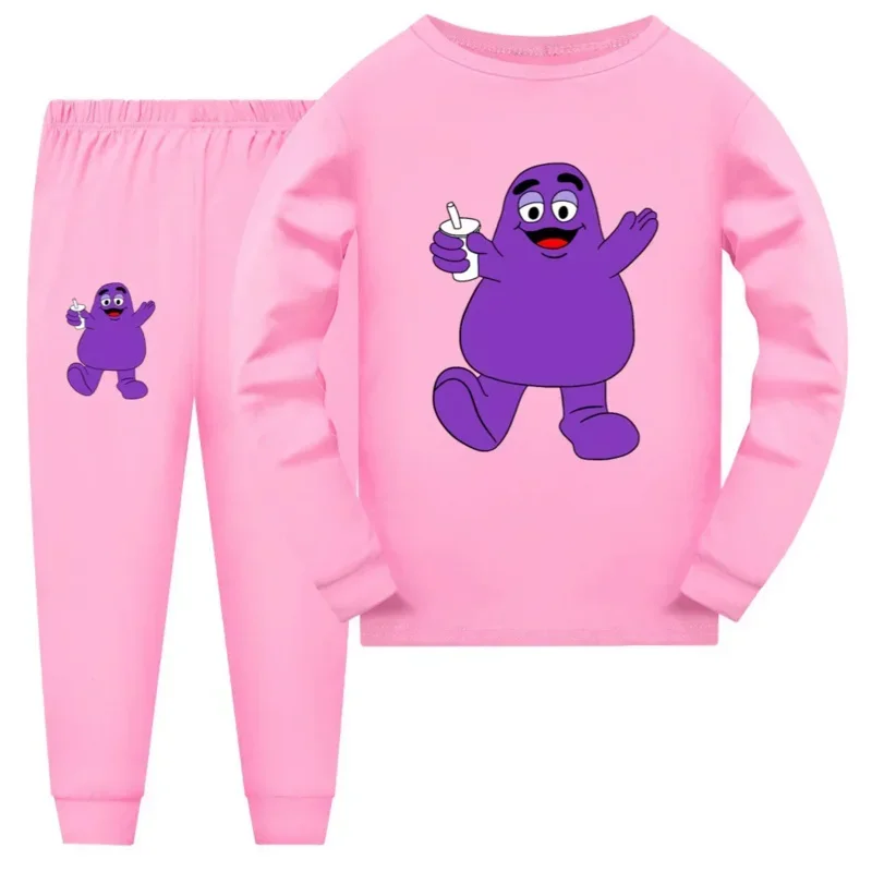 เสื้อผ้าเด็กสําหรับชายหญิง Grimace Shake ชุดนอนฤดูใบไม้ร่วงผ้าแขนสั้นชุดนอนเด็กเสื้อและกางเกงชุดชุด