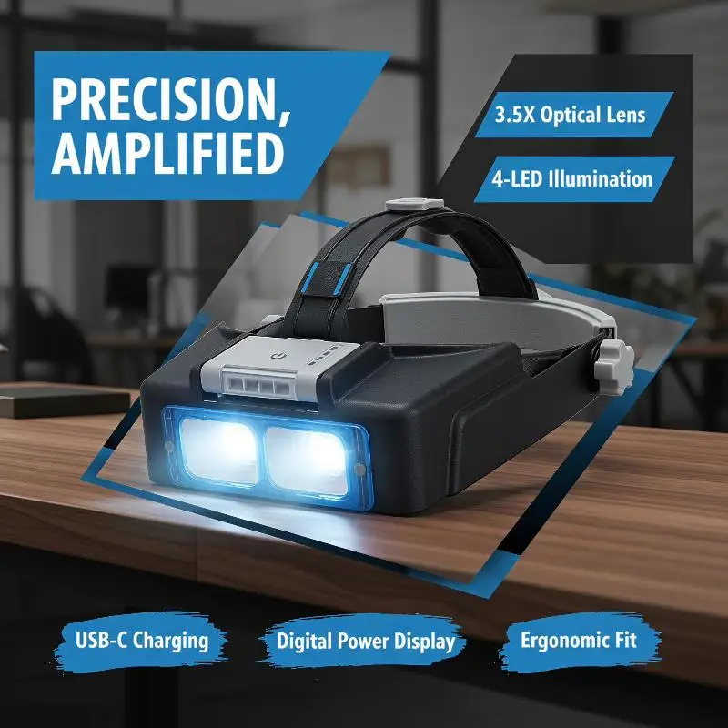 1Set Head Mounted Magnifying Glasses, USB Charging with 4 LED Lights & Battery Display, High Definition Magnifier