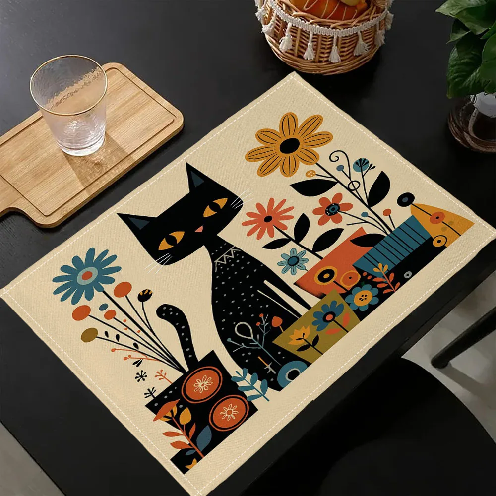 1-teiliges Tischset mit schwarzem Katzen- und Blumenmuster, hitzebeständig und waschbar, 30x40cm, Tischunterlage für den Esstisch zu Hause