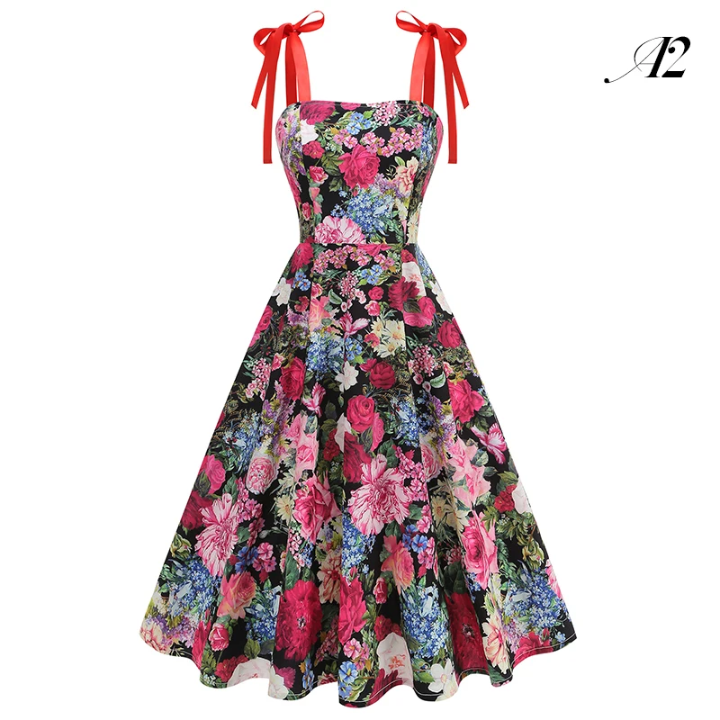 Abito da donna anni '50 anni '60 retrò multicolore stampato floreale vestibilità vintage con papillon cinghie abito senza schienale compleanno ballo di fine anno abito da festa