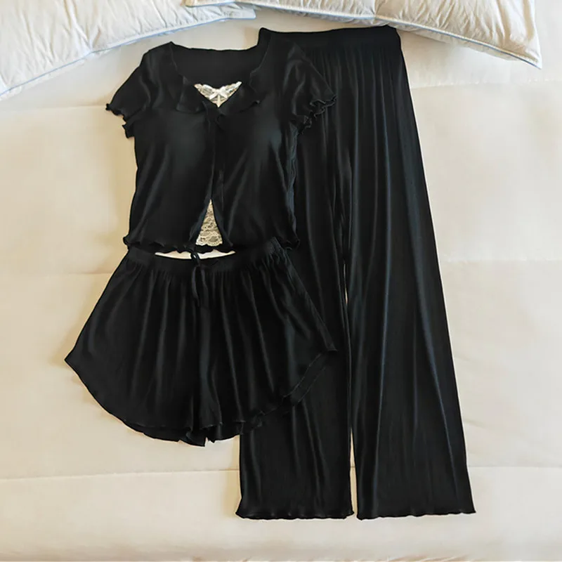 

Gentle Style Pajamas For Women Chest Pad Short Sleeve Three Pieces Set Modal Spring Summer Home Clothes New Sleepwear Pijama