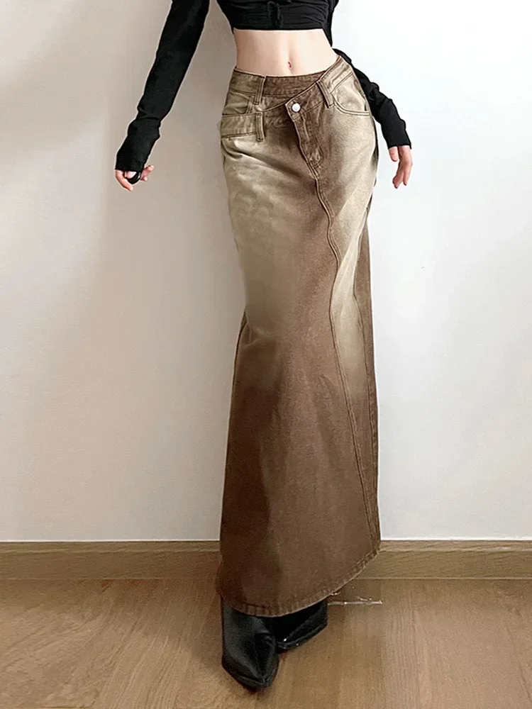 

Asymmetric Design, High Waisted Gradient Color Half Skirt, Back Slit Straight Leg Denim Skirt, Long Skirt for Women