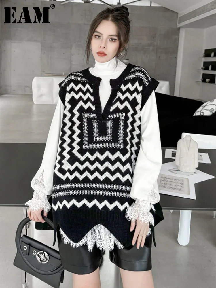 [EAM] Black Pattern Big Size Knitting Sweater V-Neck Sleeveless Women Pullovers New Fashion Tide Spring Autumn 2024 1DH7058