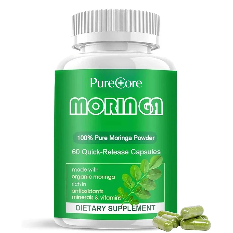 800 Milligrams Per Serving of Pure Moringa Powder, Rich in Antioxidants, Various Minerals, and Vitamins, in 60 Capsules