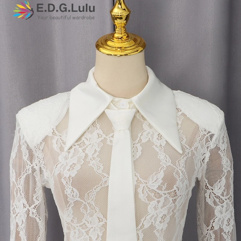 EDGLuLu Turn-Down Collar Long Sleeved Jumpsuit Shorts Sexy See Through Hollow Embroidery Lace Patchwork Jumpsuit For Women 0424