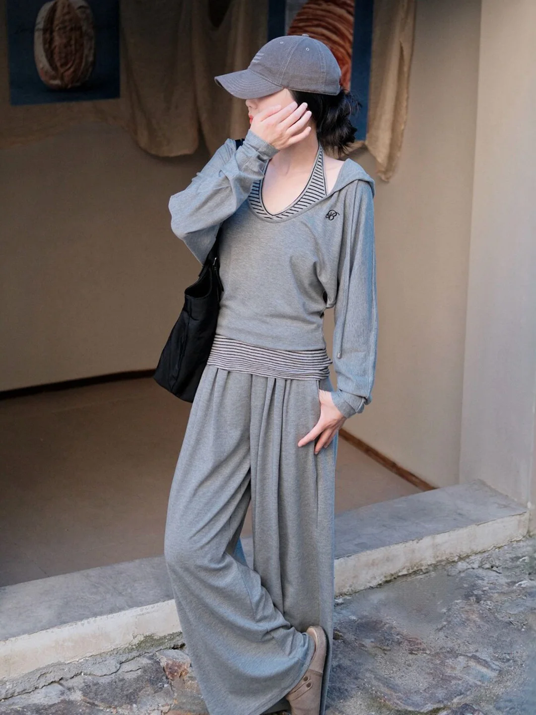 plus Size Women's Casual Striped Three-Piece Set Complete Autumn Fashion Outfit Comfortable Breathable Loose Fit Style