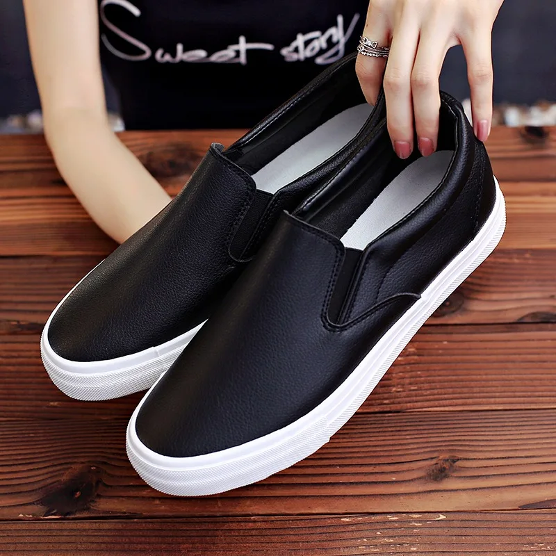 New Men Shoes Leather Casual Little White Shoes Spring Fashion Concise Flat Heels Round Headed Solid Color Low Cut Single Shoes