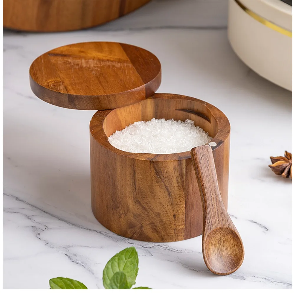Acacia Wood Salt Jar, Solid Wood Seasoning Box, Wood Pepper Box, Kitchen Seasoning Bottle, Salt Box, Storage Seasoning Jar