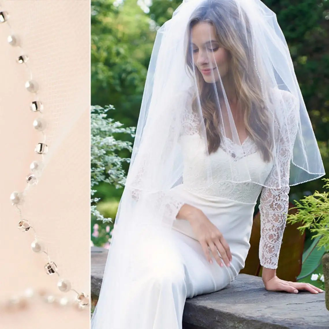 TOPQUEEN Bridal Veils Double Layer Pearls Edge Wedding Veil Crystal Organza Beaded Soft Italian Tulle Veil Bohemian Chicoe V191