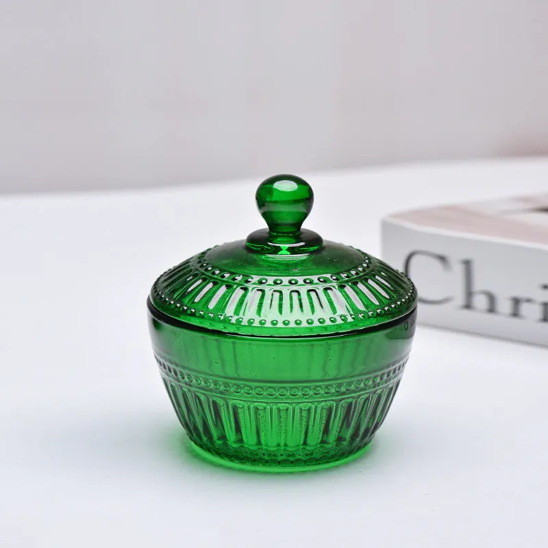 Vintage Diamond Embossed Green Glass Jar with Lid 180ml Exquisite Round Candy Storage Container Desktop Jewelry Trinket Box