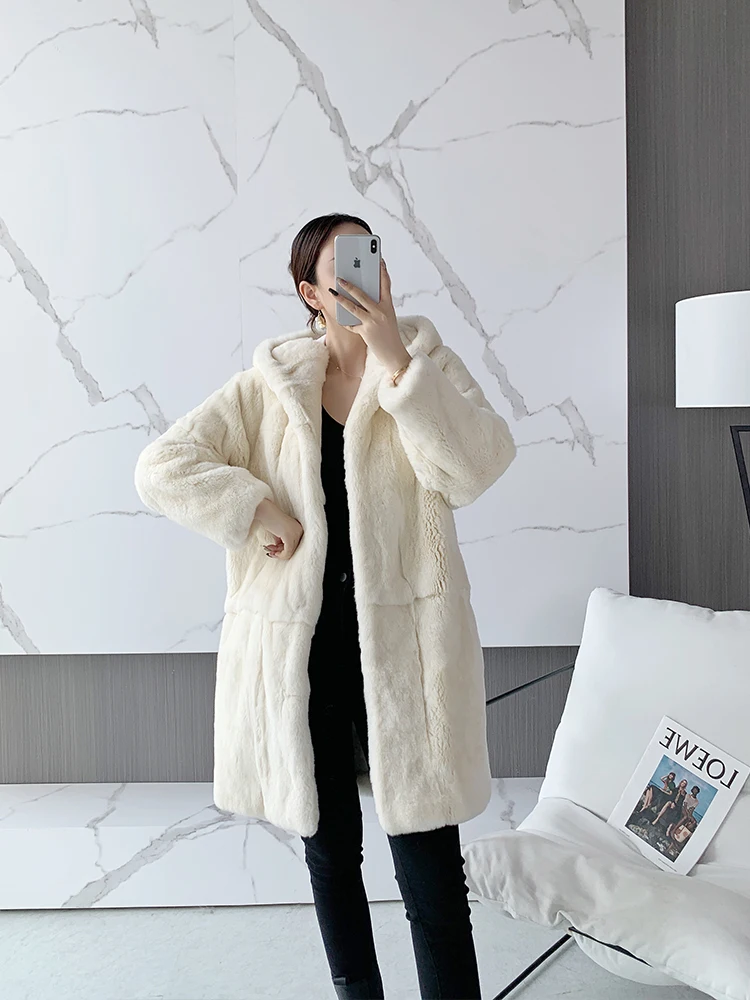 

(Rabbit Beauty) New Hooded Otter Rabbit Fur Grass Coat for Women, Medium To Long Length