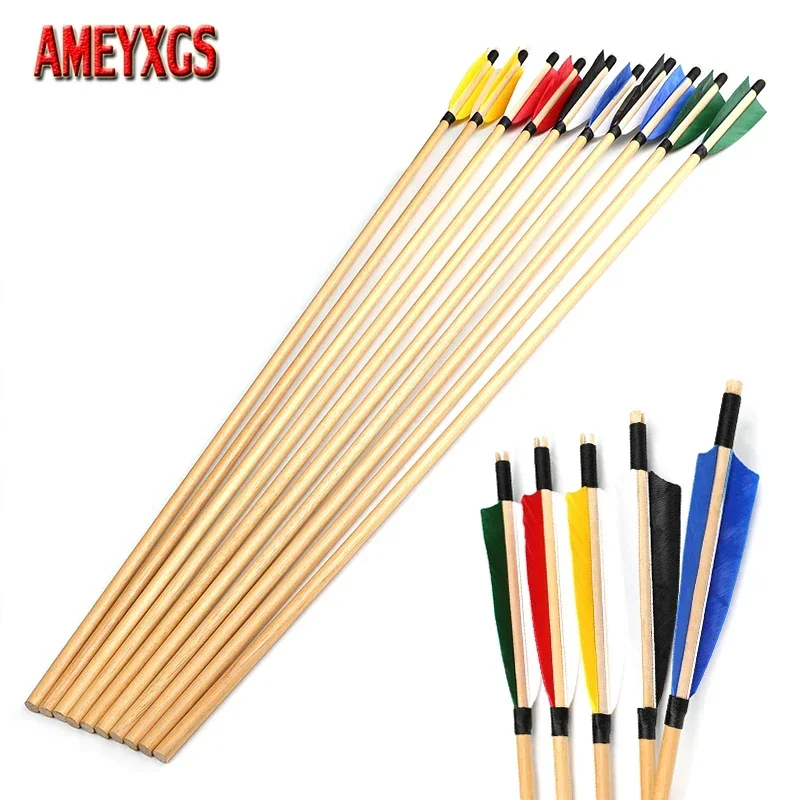 

6/12pcs Wooden Arrow 31.5 Inch OD 8mm Arrow Shaft 5" Turkey Feather Recurve Traditional Bow Archery Training Hunting Wood Arrows