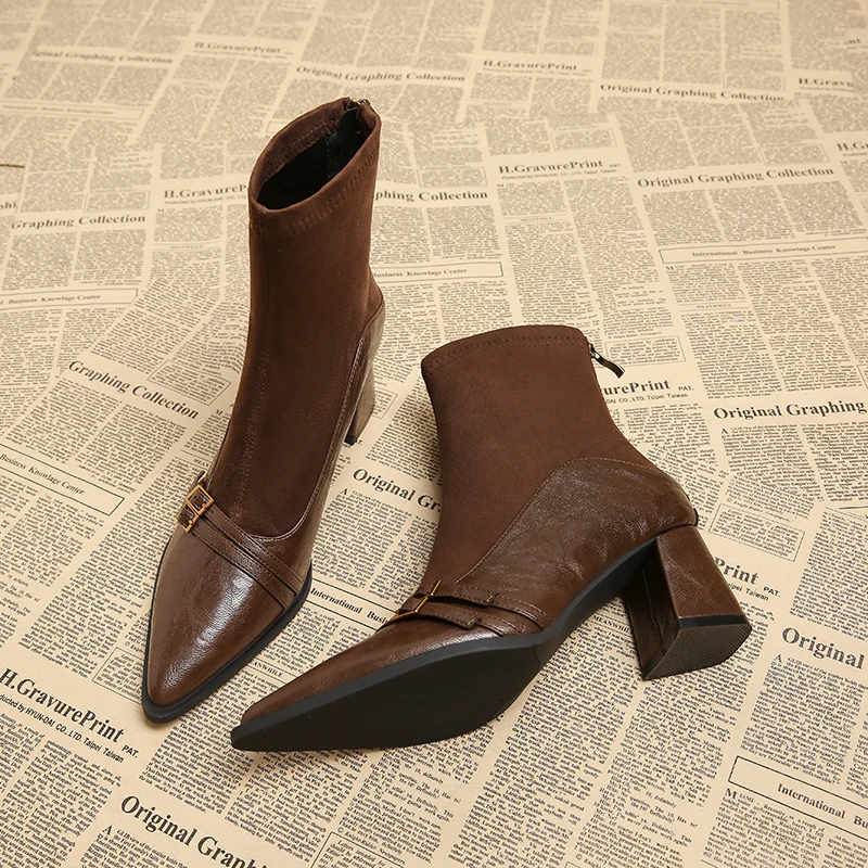 Otoño Invierno Mujer Botines de tacón alto elegante cremalleras traseras zapatos modernos de cuero gamuza empalme Botas cortas Para Mujer