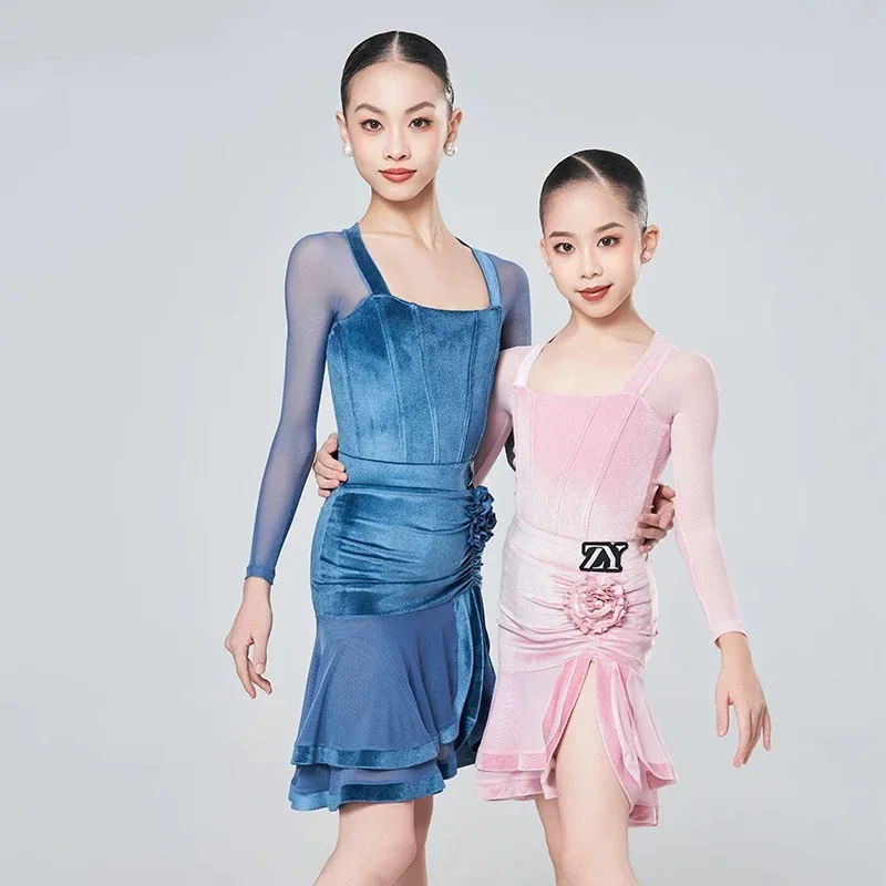 yesGirls Latin Dance Costume Blue Gray Pink Velvet Dress Performance Dress Sets Kids Ca Cha Rumba Dance Competititon Dress DNV22