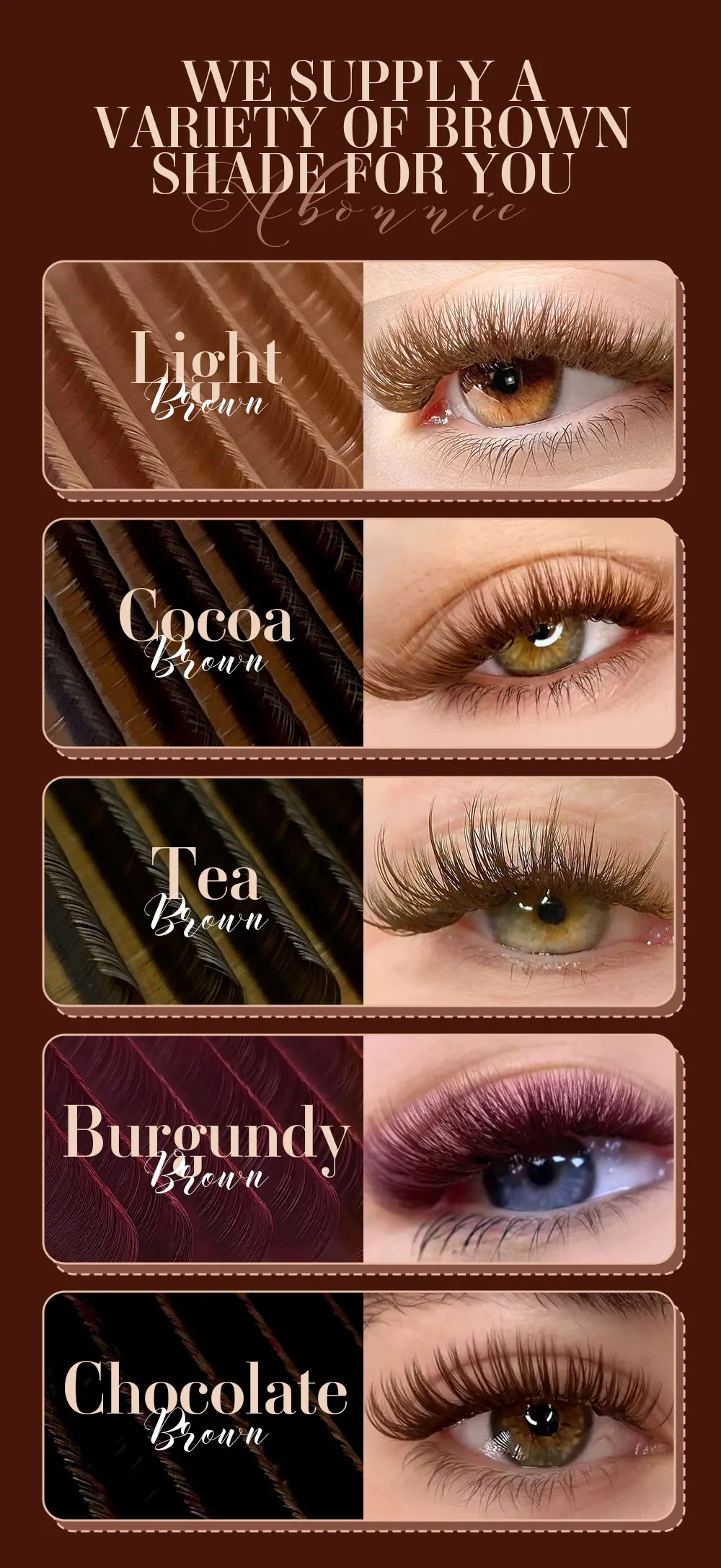 Abonnie LB LC Dunkelbraune Wimpern, Braune Farbe, Klassische Wimpernverlängerungen, Foxy Eye, Flauschige Einzelwimpern – Detail 6