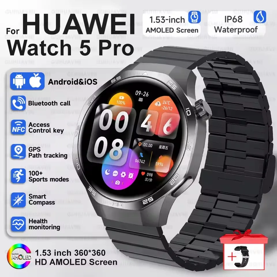 2025 Guhuavm Watch GT5Pro Smart Watch Men HD AMOLED Screen GPS Tracker Bluetooth Call Health Waterproof Smartwatches Heart Rate