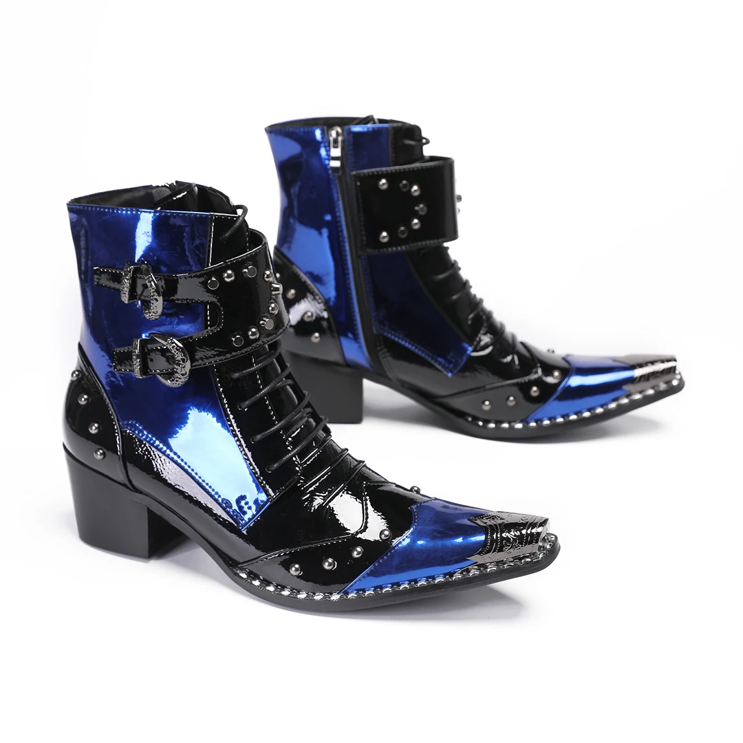 Black Blue Patchwork Patent Leather Men Short Boots Fashion Party Dress Boot Business Office Ankle Boot Plus Size Cowboy Boots