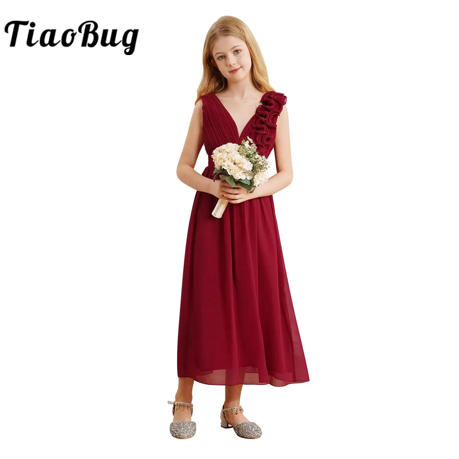 Girl's Party Dress 2024 Elegant Chiffon Robes V Neck Teen Bridesmaid Dresses for Formal Occasion Gown Wedding Pageant Costume