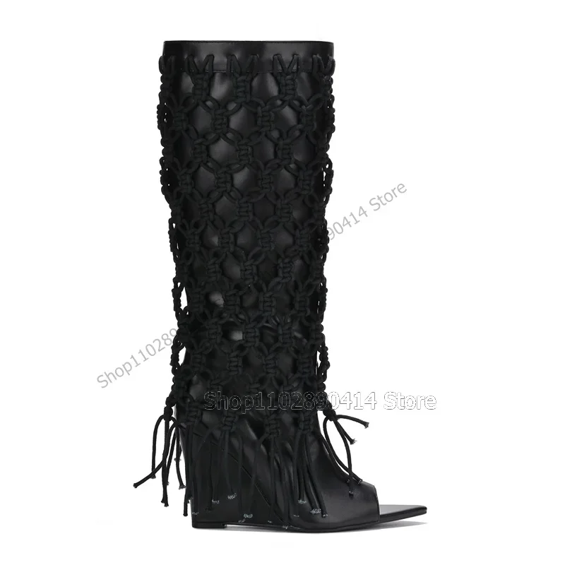 

Black Beige Hollow Knitted Tassels Peep Toe Boots Knee High Women Shoes Wedges Heel Sexy Fashion Runway 2023 Zapatos Para Mujere
