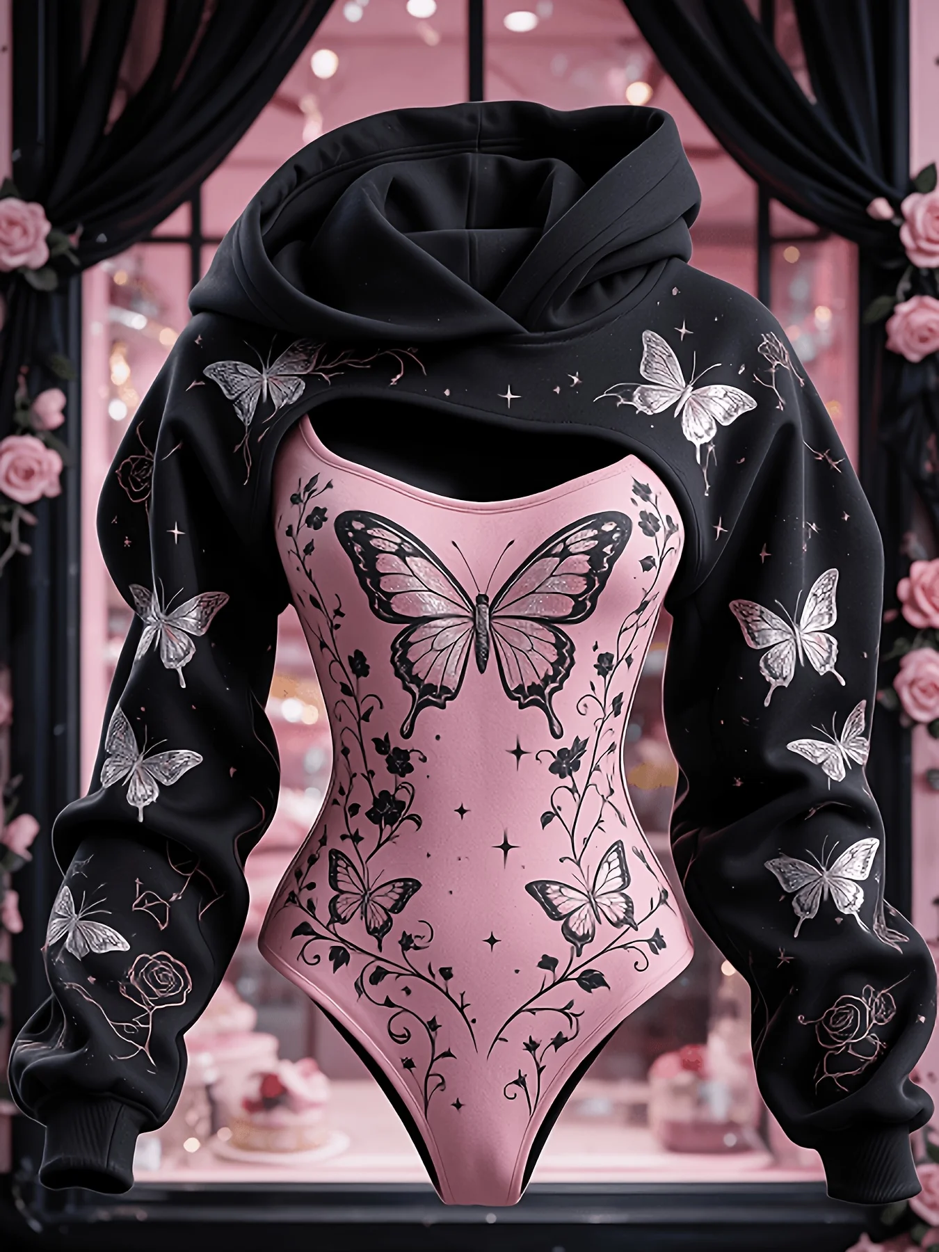 Women Butterfly Floral Print Double Hood Bodysuit Hollow Out Long Sleeve Hoodie Party Outfit
