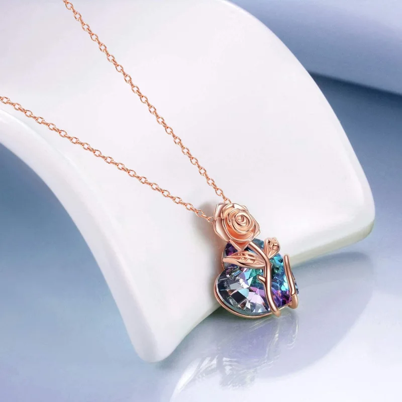 Always Belonging To You Rose Entwined Heart Purple Crystal Pendant Necklace for Women Fashion Jewelry Gifts for Lover, Mom Gifts