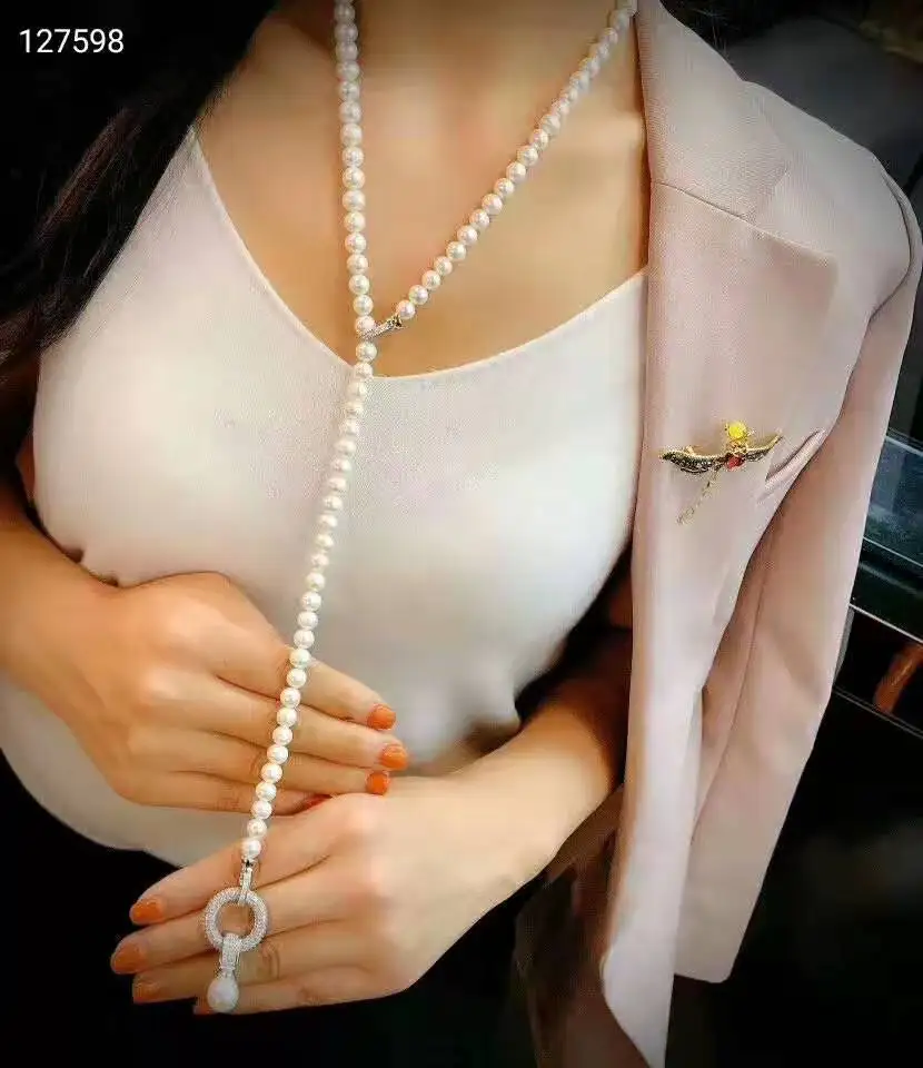 

Women's jewelry 8-9mm 75cm micro inlaid zircon round accessories white freshwater pearl necklace