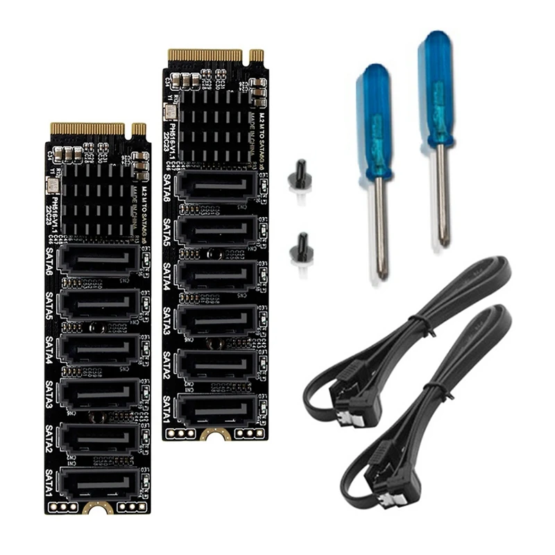 2X M.2 MKEY PCI-E Riser Card M.2 NVME To SATA3.0 PCIE To SATA 6Gpbsx6-Port Expansion Card ASM1166 Support PM Function