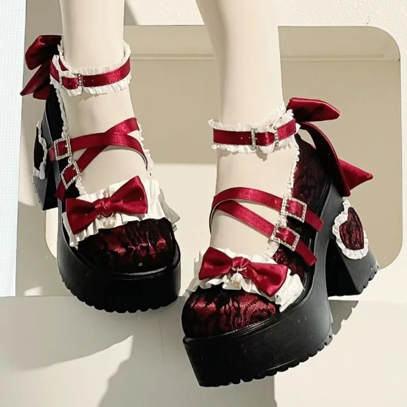 

Cute Lace High Heels for Women 2025 High Quality Coarse Heel Round Head Mary Jane Butterfly Knot Dress Party Women's High Heels