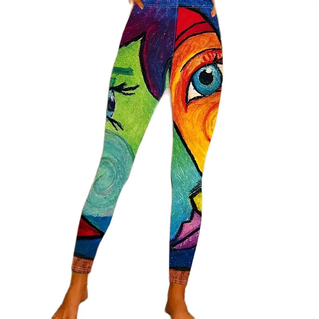 Abstract figure print casual pants stretch elastic waist tight leggings for women