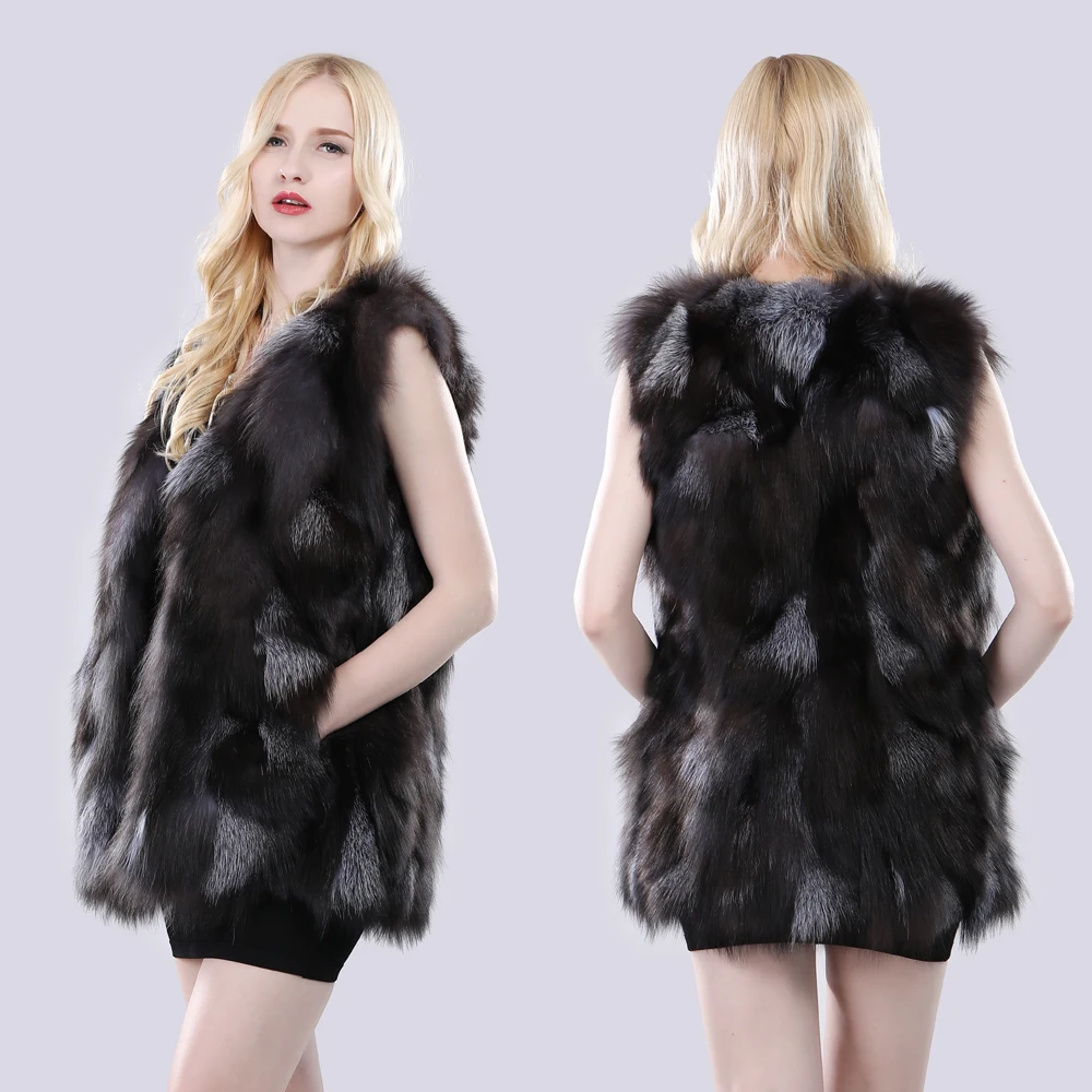 New Style Women Winter Long 100% Genuine Silver Fox Fur Vest Natural Soft Fox Fur Gilet Lady Warm Real Fox Fur Sleeveless Jacket