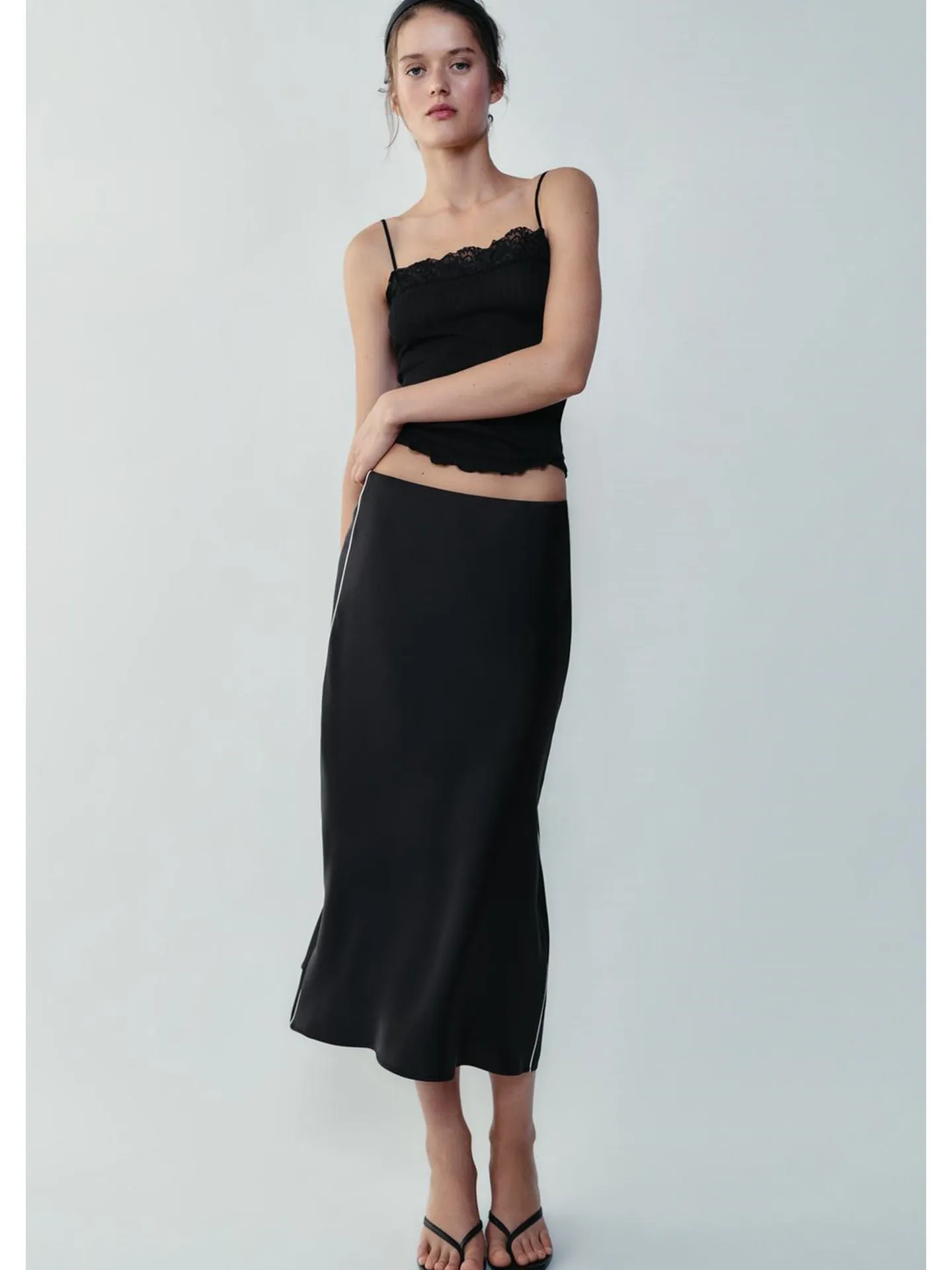 Minimalist Contrast Color  Silk Satin Texture Midi Skirt Women's Autumn New Arrival Straight Tube Standard Fit Polyester ...