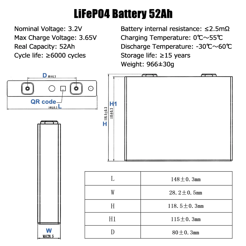 LiFePO4 Cells 3.2V 50Ah 52Ah Lithium Battery Iron Phosphate Deep Cycle Battery Power Supply Ukraine stock