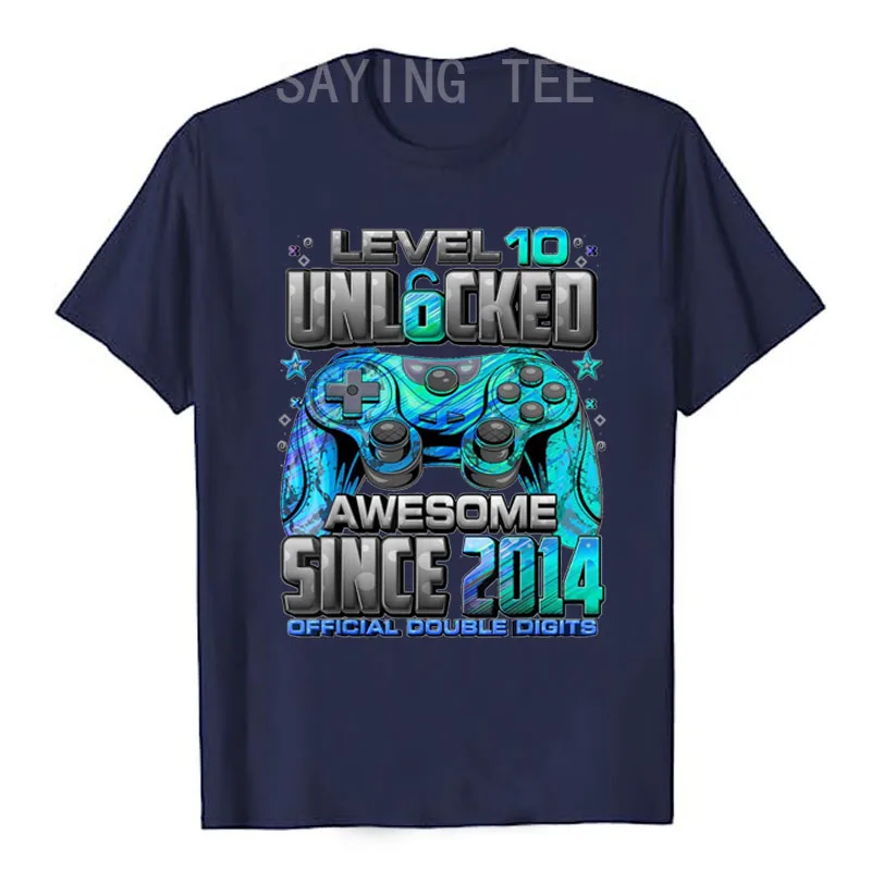 Level 10 Unlocked Awesome Since 2014 10th Birthday Gaming T-Shirt Boys Fashion Sons Nephew B-day Present Video Gamer Saying Tee