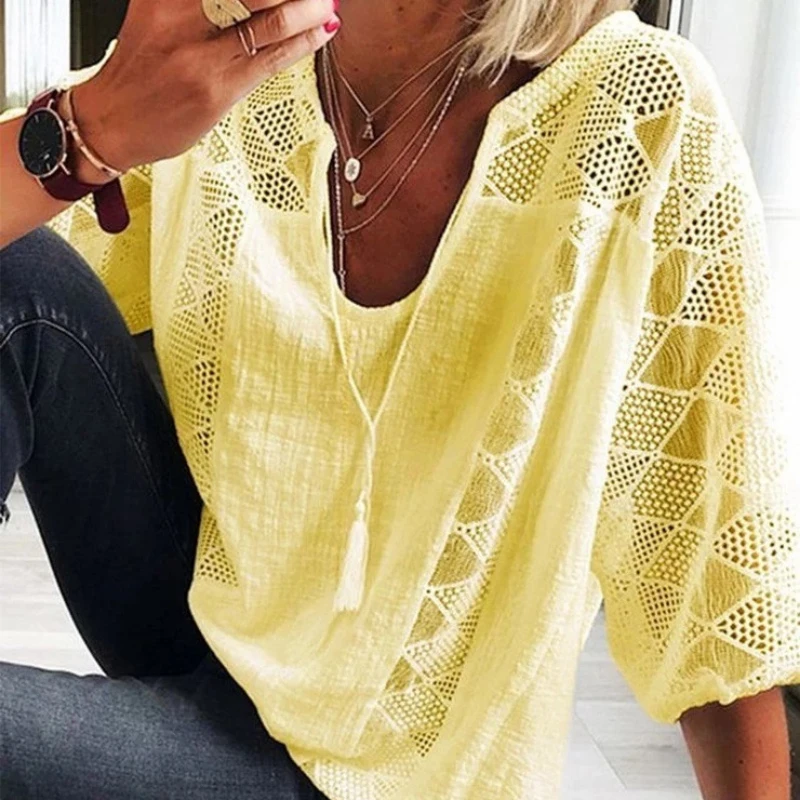 Elegant Summer Lace Stitching Blouse Women Tops Vintage U-neck Three Quarter Sleeve Cotton Shirt 2023 Casual Loose Clothes 24294