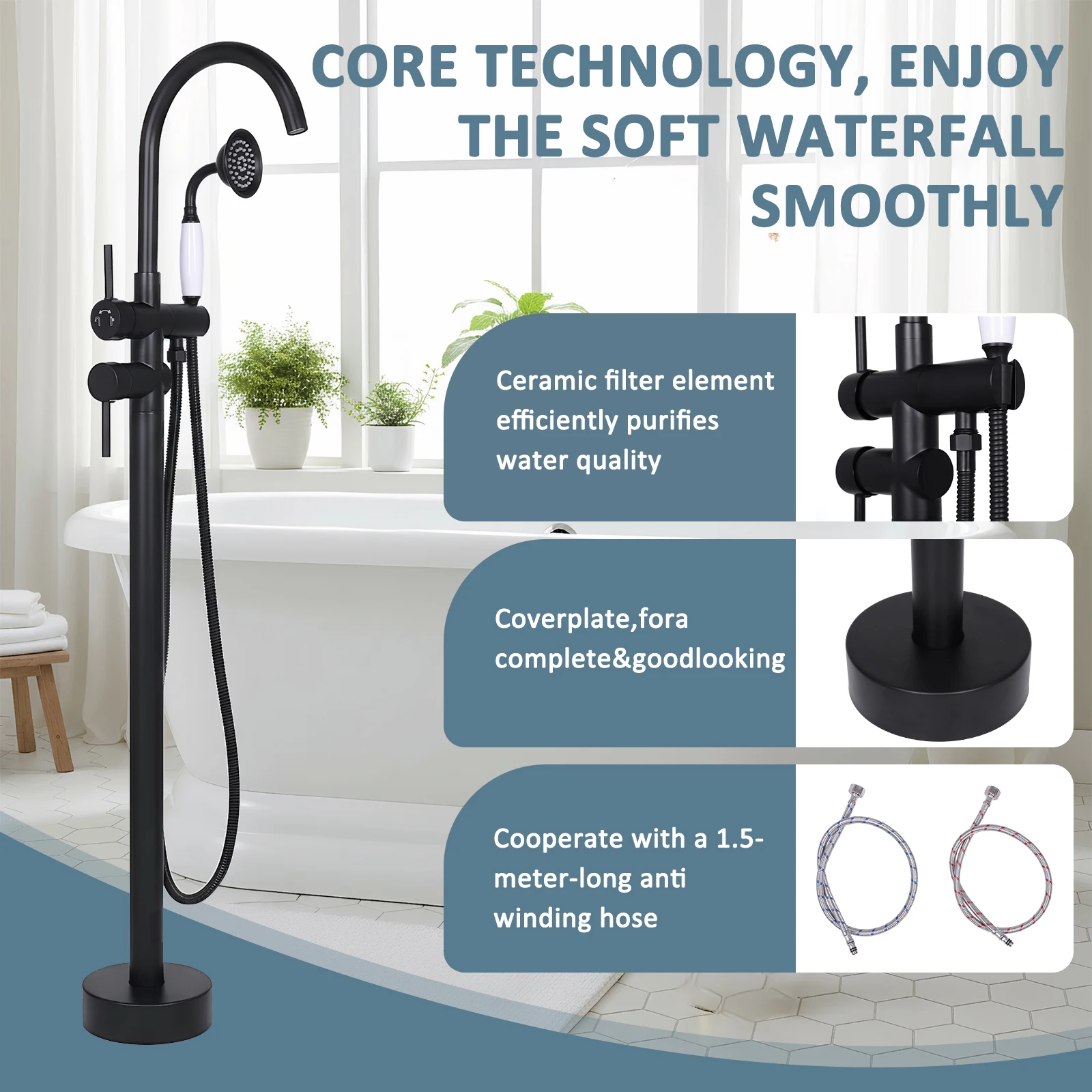 Swivel Spout Roman Tub Faucet Set with Hand Sprayer High Flow Rate Floor Mount Tub Filler 360° Rotating 2 Modes for Bath Spouts