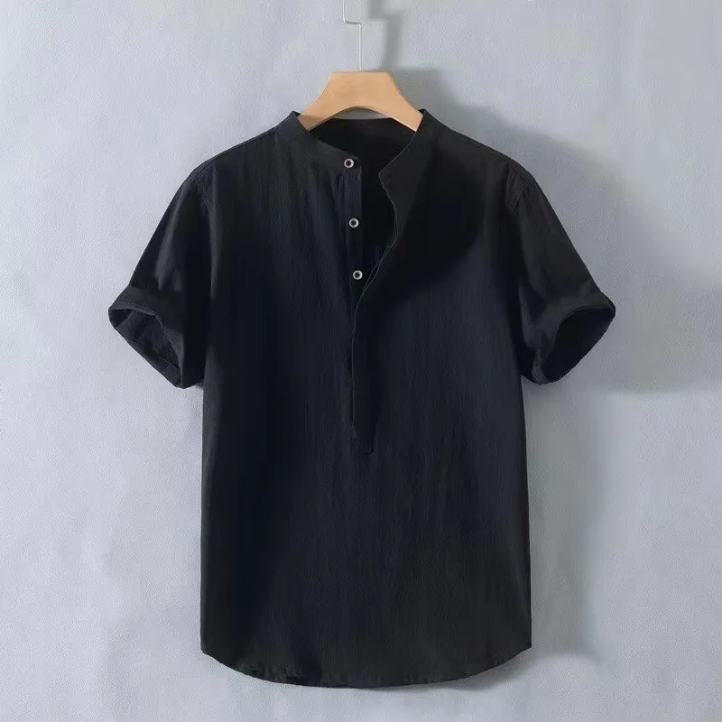 

New Mens Short Sleeve T Shirts Solid Color Stand Up Collar Shirt Summer Trendy Breathable Loose Youth Basic Cotton Pocket Top
