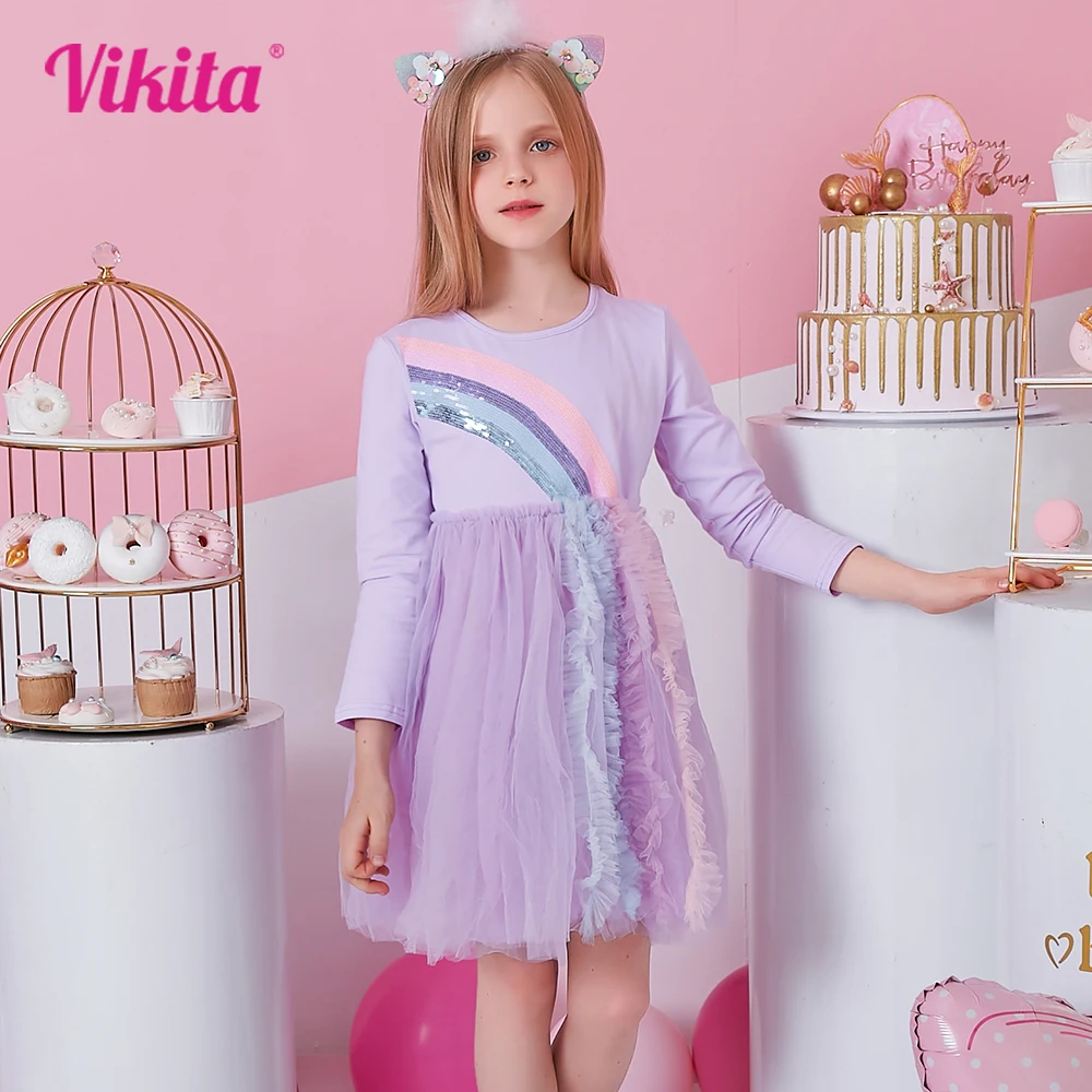 VIKITA Girls Long Sleeve Autumn Spring Winter Dress Kids Rainbow Appliqued Mesh Tulle Tutu Princess Purple Dresses Kids Clothes