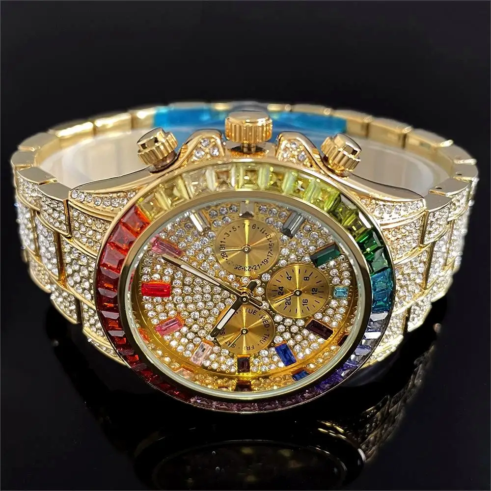 2024 Hot Luxury Quartz Watches Men Fashion Rainbow Diamond Wristwatch Hip Hop Iced Shiny Jewelry Gold Watches Man Dropshipping