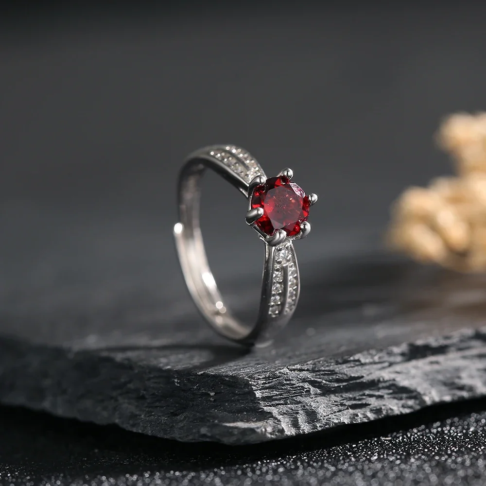 

S925 Silver Garnet Ring Women's Adjustable Engagement Wedding Bands Handmade Boho Jewelry Birthstone Gifts