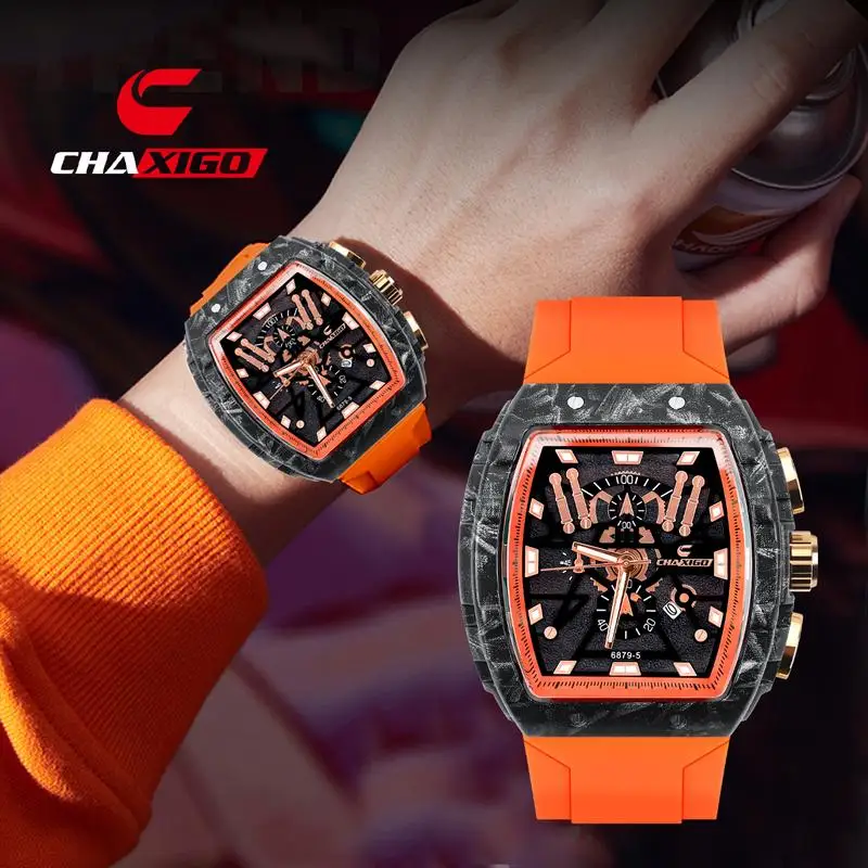 

CHAIXGO мужские кварцевые часы с хронографом Tonneau циферблат светящийся сплав спортивные часы на открытом воздухе мужские часы с силиконовым ремешком 6879-5