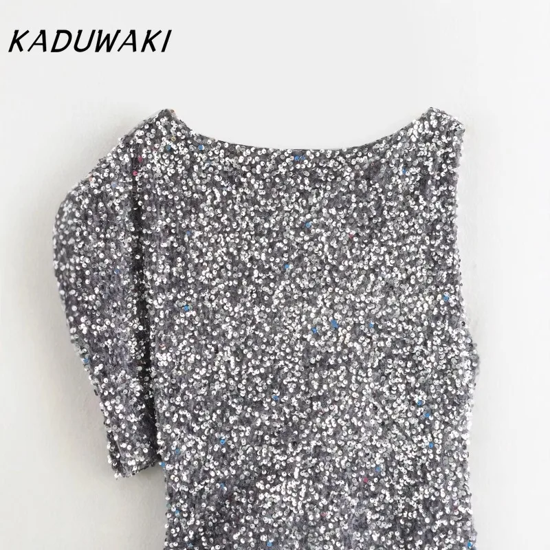 KADUWAKI Women's Sequins Tight Package Hip Mini Robe Fashion O Neck Flying Sleeve Glitter Short Sexy Party Evening Bodycon Dress