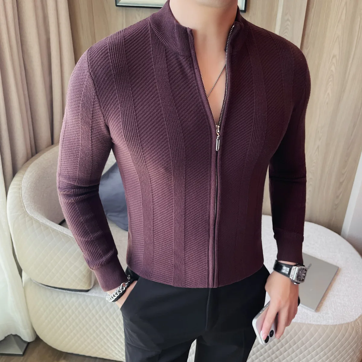 الرجال سترة الخريف الشتاء جديد سليم صالح الوقوف طوق سستة سترة مشغولة من الصوف موضة بلون دافئ تمتد متماسكة القمم معاطف #3