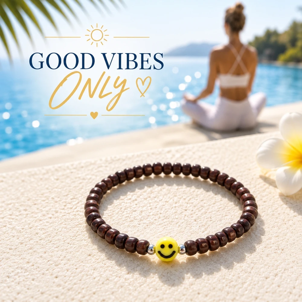 1pc Brown Beaded Strand Bracelet with Yellow Smiley Face Center Bead and Silver-Tone Spacers Cute Unisex Style