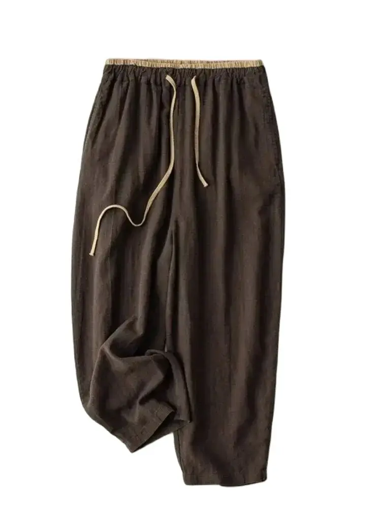 

Summer Retro Cotton Linen Loose Harem Pants Elastic Drawstring Waist Casual Pants Basic Versatility Wide-leg Ankle-Length Pants