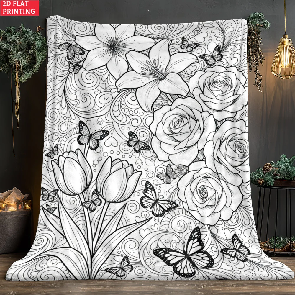 Blackout Floral Butterfly Sketch Pattern Throw Blanket for Couch Home Decor Gift